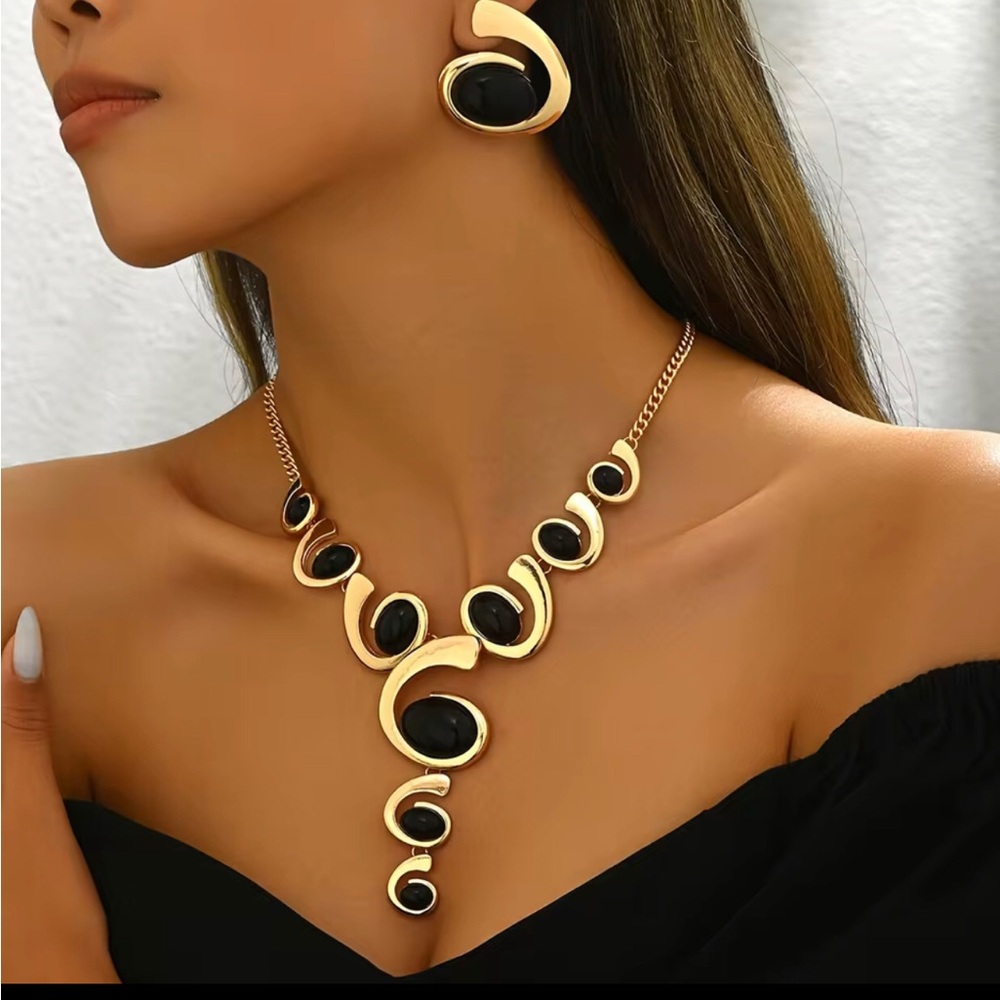 Gold-Tone Necklace and Earrings Set with Black Stones